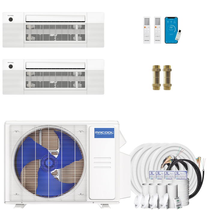 Buy MRCOOL DIY 4th Gen 2-Zone Mini Split Bundle: 27K BTU Ductless Air Conditioner & Heat Pump with 21K (9K + 12K) Ceiling Air Handlers, 141 ft. Total Lineset (16 + 25 + 50 + 50), Couplers and Install Kit | DIYM227HPC00C26
