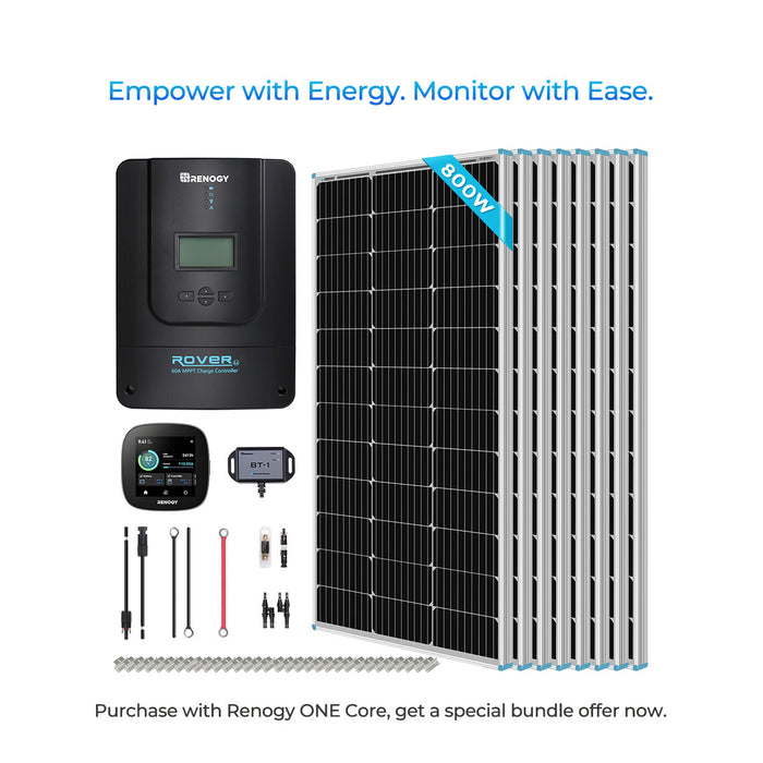 Lowest Price for Renogy 800W 12V/24V Monocrystalline Solar Premium Kit w/Rover 60A Charger Controller