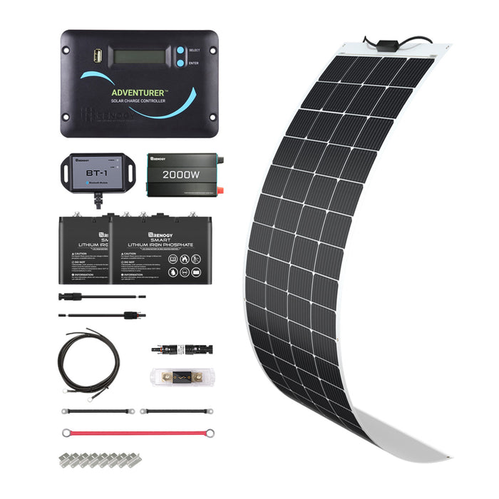 Buy Renogy 200W 12V General Off-Grid Solar Kit W/ 1*200W Flexible Panels (Customizable) (Adventurer Li-30A PWM W/LCD & BT1 Module, 2*12V 100Ah Self-Heating LiFePO4 Battery W/ BT2 Module And 1000W 12V Pure Sine Wave Inverter)