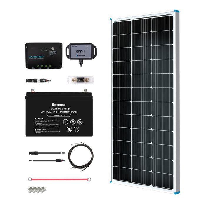 Buy Renogy 100W 12V General Off-Grid Solar Kit W/ 1*100W Rigid Panels (Customizable) (Wanderer LI 30A PWM W/ LCD & BT1 Module, 12V 100Ah LiFePO4 Battery W/ Built-In Bluetooth And 1000W 12V Pure Sine Wave Inverter)