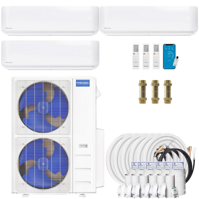 Buy MRCOOL DIY 4th Gen 3-Zone Mini Split Bundle: 48K BTU Ductless Air Conditioner & Heat Pump with 48K (12K + 12K + 24K) Wall Air Handlers, 216 ft. Total Lineset (16 + 25 + 25 + 50 + 50 + 50), Couplers and Install Kit | DIYM348HPW02C167