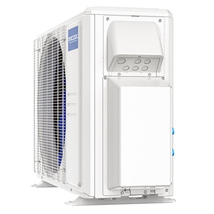 Side View of Condenser For MRCOOL DIY 4th Gen 3-Zone Mini Split Bundle: 27K BTU Ductless Air Conditioner & Heat Pump with 30K (9K + 9K + 12K) Ceiling Air Handlers, 160 ft. Total Lineset (25 + 35 + 50 + 50), Coupler and Install Kit | DIYM327HPC01C60