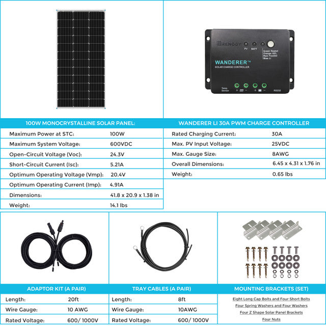 Renogy 100W 12V Monocrystalline Solar Starter Kit w/Wanderer 30A Charge Controller With Discount