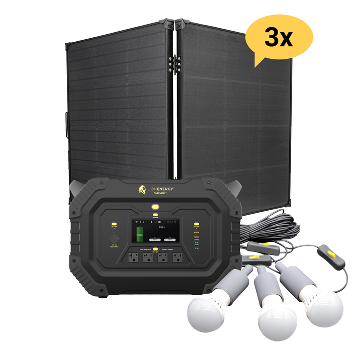 Buy Lion Energy Safari LiFePO4 1,612Wh, 3,000W Portable Power Station/Generator Bundle | 50170137 (3 Solar panels, 0 EMP Bags And 1 LED light string)